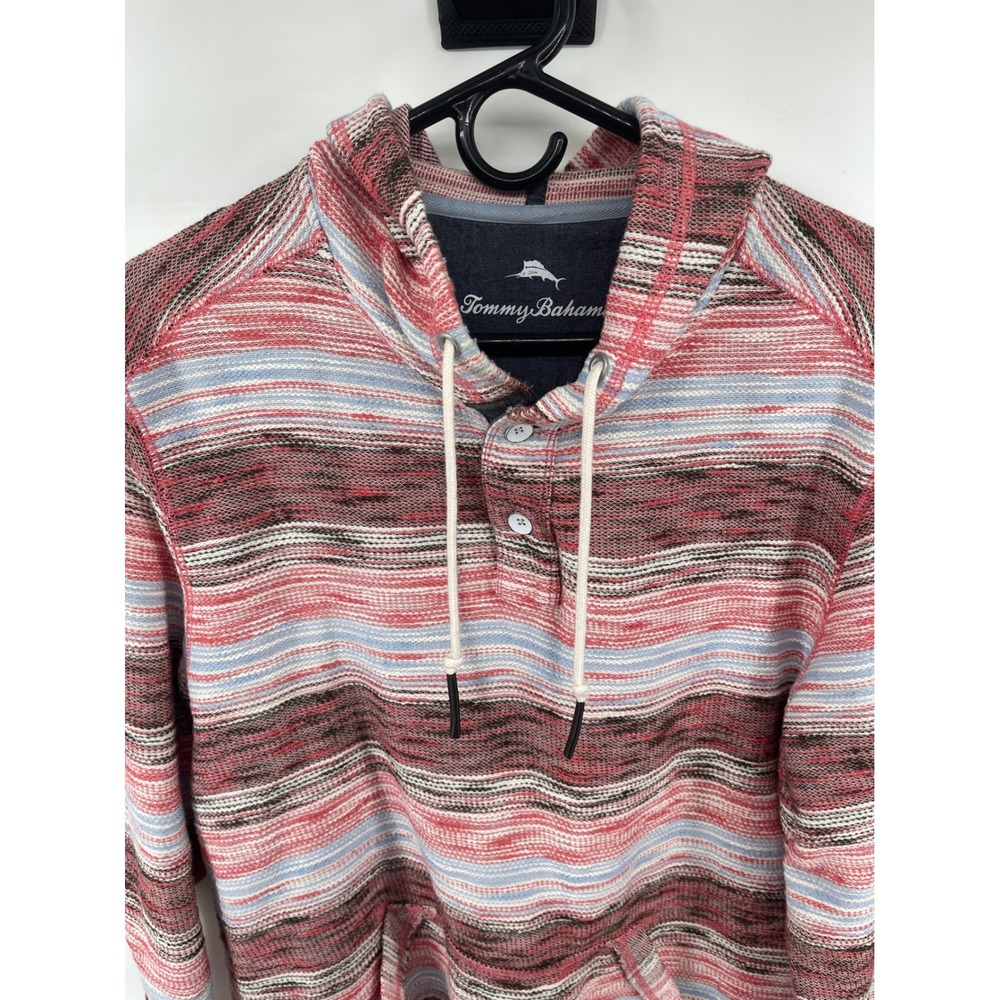 Tommy Bahama Hoodie Men XL Red Striped Cotton Henley Baja Pullover Excellent
